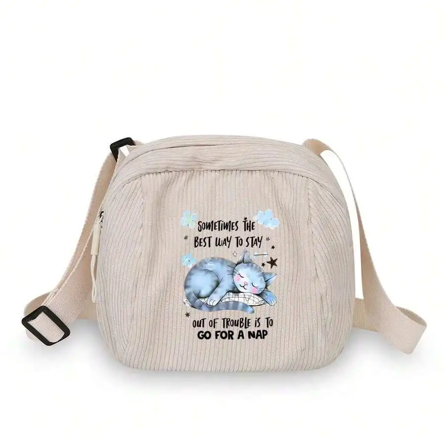 Corduroy Crossbody Bag With Sleeping Cat And Quote Print For Daily Casual Use
Corduroy Crossbody Bag With Sleeping Cat And Quote Print For Daily Casual Use
