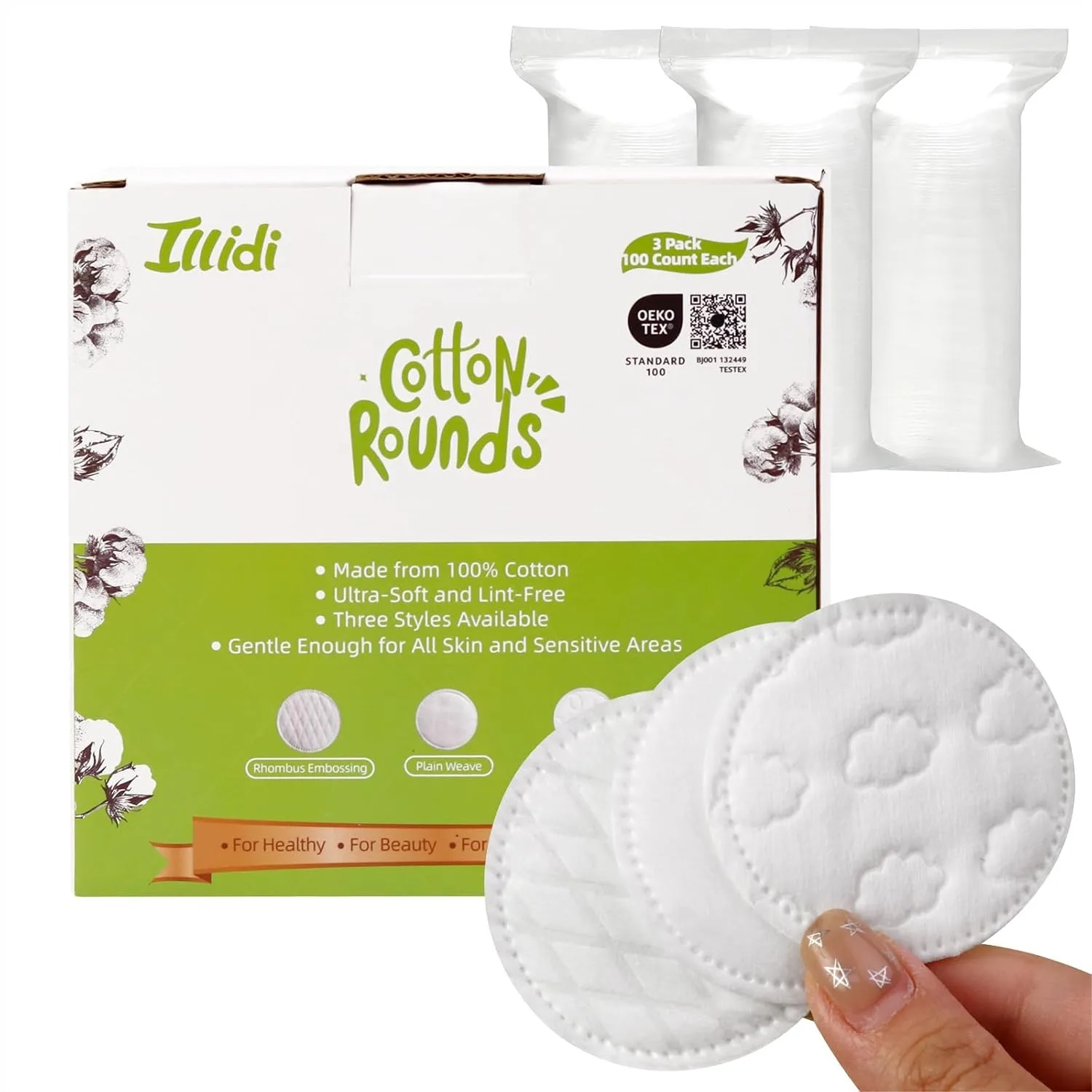 300-Count Embossed Cotton Rounds with 3 Patterns, Lint-Free Dual-Sided Pads for Makeup Removal, Skincare, Nail Polish & Baby
300-Count Embossed Cotton Rounds with 3 Patterns, Lint-Free Dual-Sided Pads for Makeup Removal, Skincare, Nail Polish & Baby