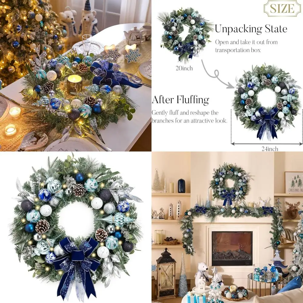 24 Inch Pre-Lit Christmas Wreath with Silver Blue Lights and Ribbons for Outdoor Holiday Decor
24 Inch Pre-Lit Christmas Wreath with Silver Blue Lights and Ribbons for Outdoor Holiday Decor