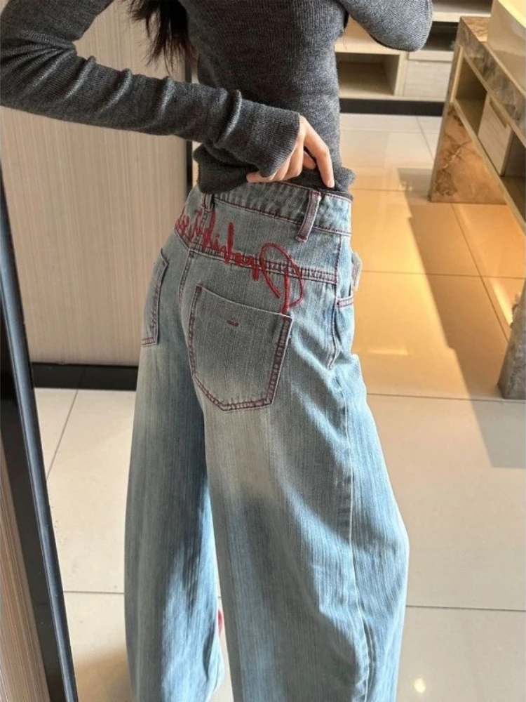 Women Light Wash Wide Leg Denim Jeans High Waist Back Script Red Embroidery Baggy Y2K Vintage Loose Casual Trousers
Women Light Wash Wide Leg Denim Jeans High Waist Back Script Red Embroidery Baggy Y2K Vintage Loose Casual Trousers