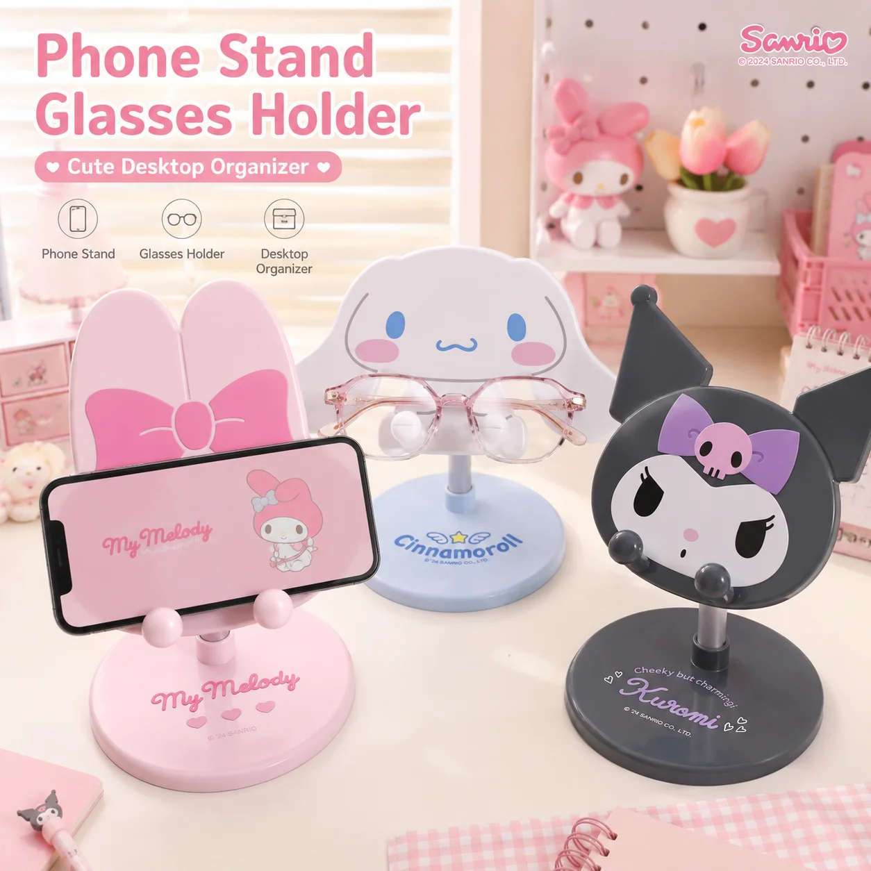 Sanrio My Melody Kuromi Cinnamoroll Phone Stand Glasses Holder Cute Desktop Organizer Adjustable Anti-slip Phone Holder
Sanrio My Melody Kuromi Cinnamoroll Phone Stand Glasses Holder Cute Desktop Organizer Adjustable Anti-slip Phone Holder