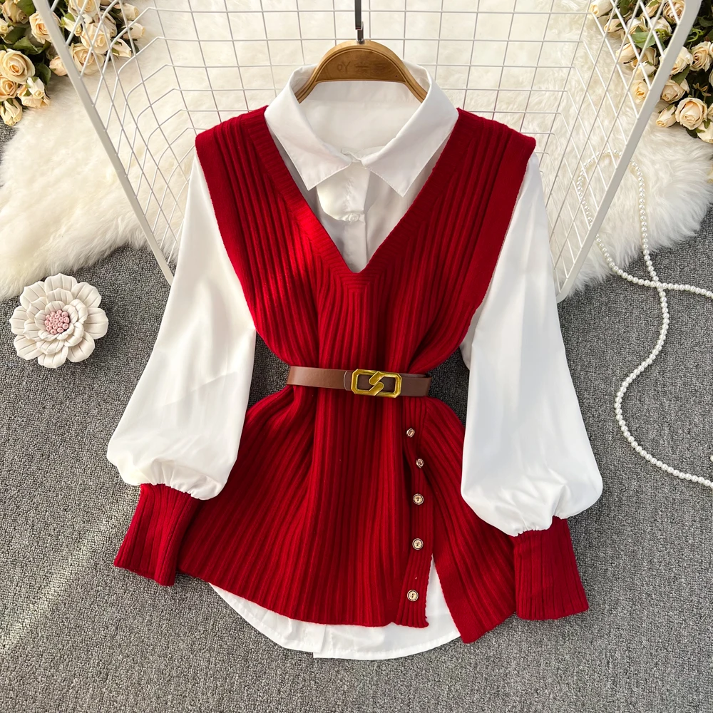 Autumn/Winter New Loose White Shirt Top+Split Knitted Vest Top with Western Style and Age Reducing Two Piece Set 
Autumn/Winter New Loose White Shirt Top+Split Knitted Vest Top with Western Style and Age Reducing Two Piece Set