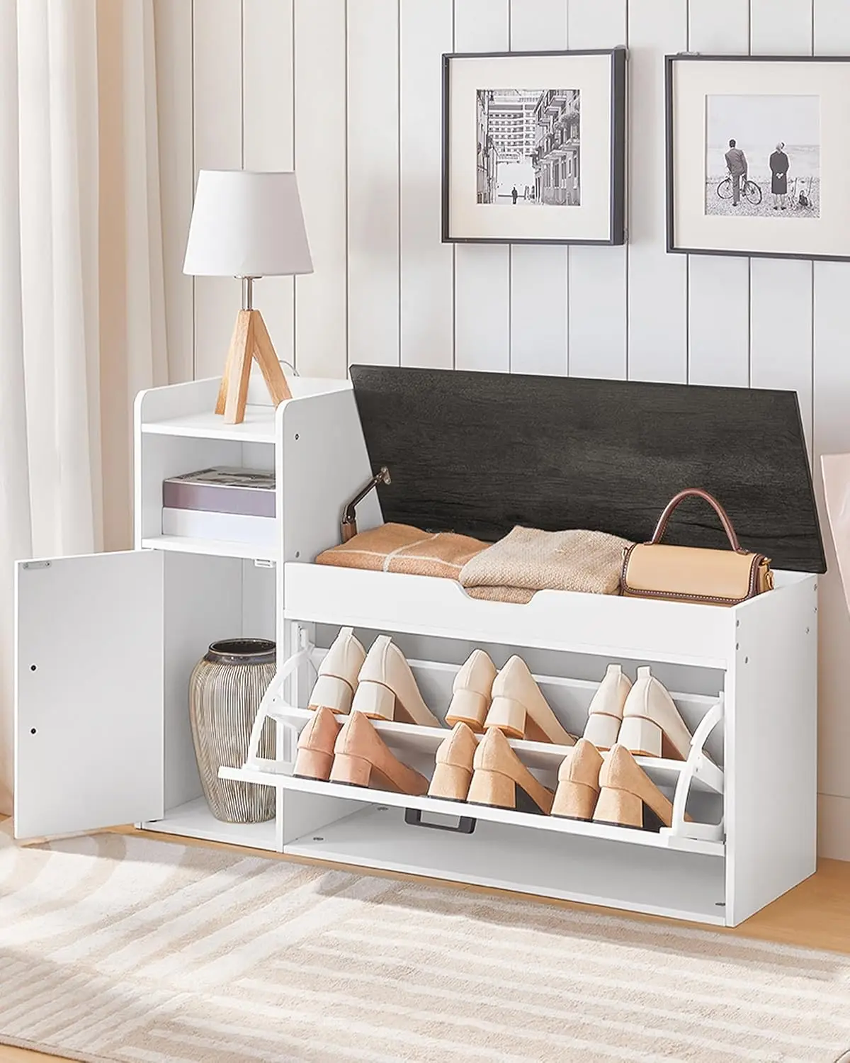 Shoe Storage Bench, Shoe Cabinet With Flip Drawer, 39.4'' Shoe Bench, Farmhouse Entryway Bench, Storage Bench With Side Cabinet
Shoe Storage Bench, Shoe Cabinet With Flip Drawer, 39.4'' Shoe Bench, Farmhouse Entryway Bench, Storage Bench With Side Cabinet