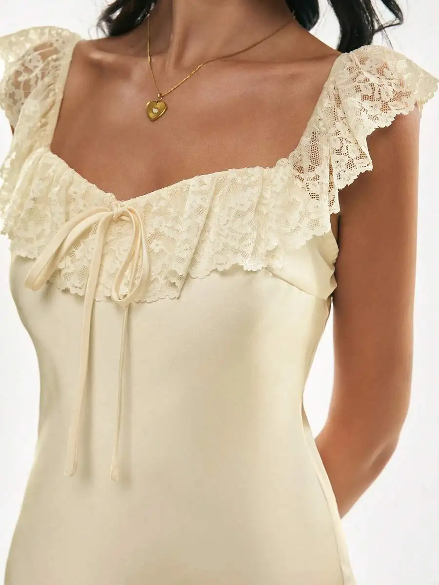Elegant Off Shoulder Lace Trim Satin Midi Dress For Women
Elegant Off Shoulder Lace Trim Satin Midi Dress For Women