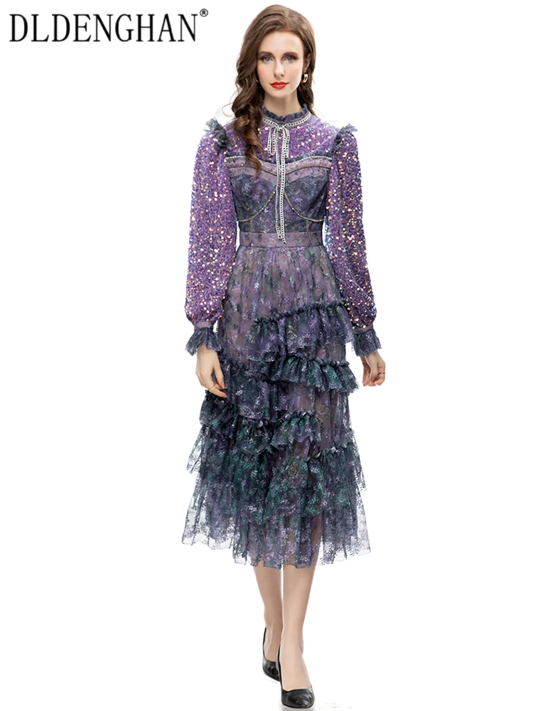 DLDENGHAN Autumn Mesh Dress Stand Collar Lantern Sleeve Ruffle Sequins Patchwork Vintage Print Dresses Fashion Designer New 
DLDENGHAN Autumn Mesh Dress Stand Collar Lantern Sleeve Ruffle Sequins Patchwork Vintage Print Dresses Fashion Designer New