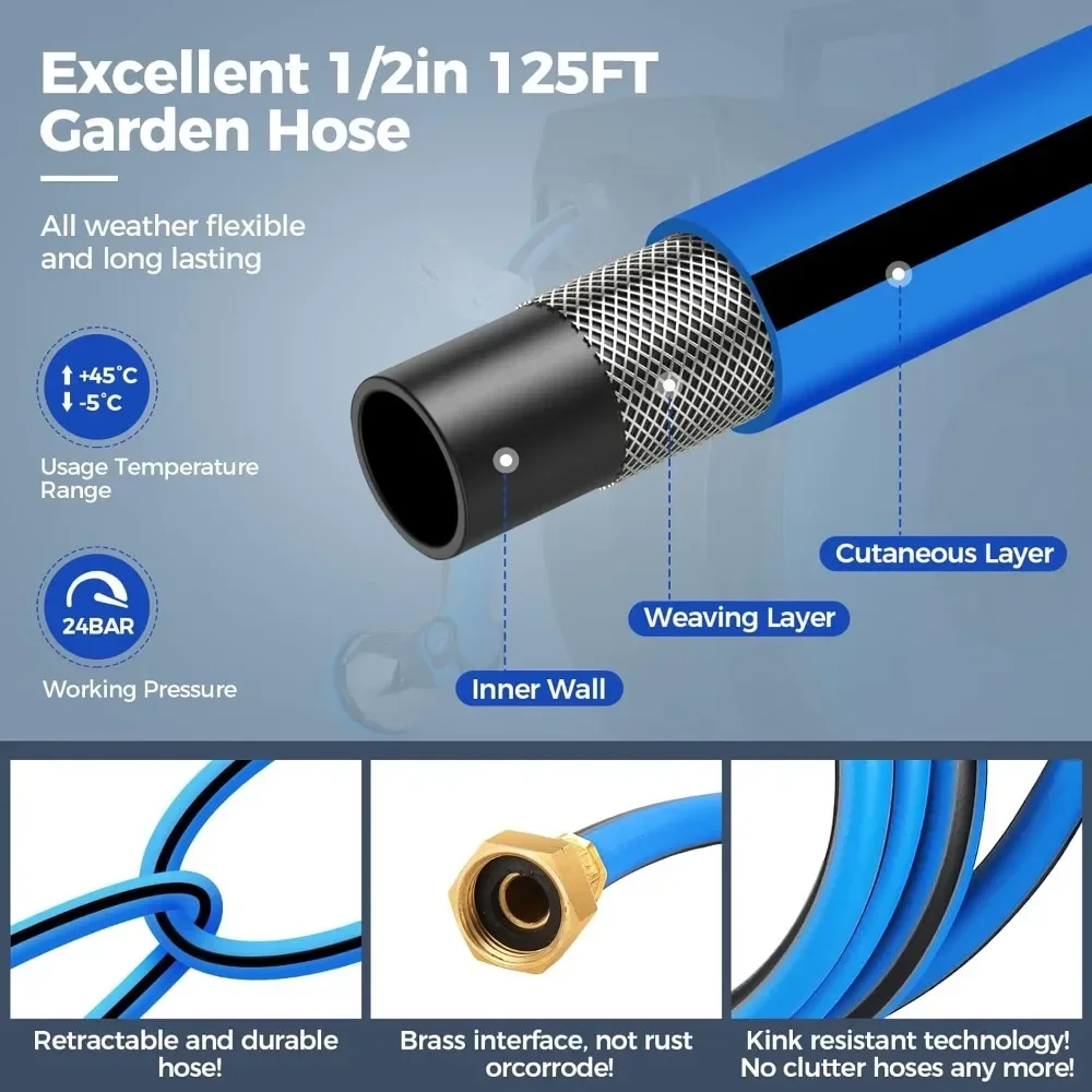Выдвижная катушка для садового шланга, сверхмощная автоматическая выдвижная катушка для шланга размером 1/2 x 131 фута, настенное крепление, с 10-функциональной насадкой-распылителем 
Выдвижная катушка для садового шланга, сверхмощная автоматическая выдвижная катушка для шланга размером 1/2 x 131 фута, настенное крепление, с 10-функциональной насадкой-распылителем