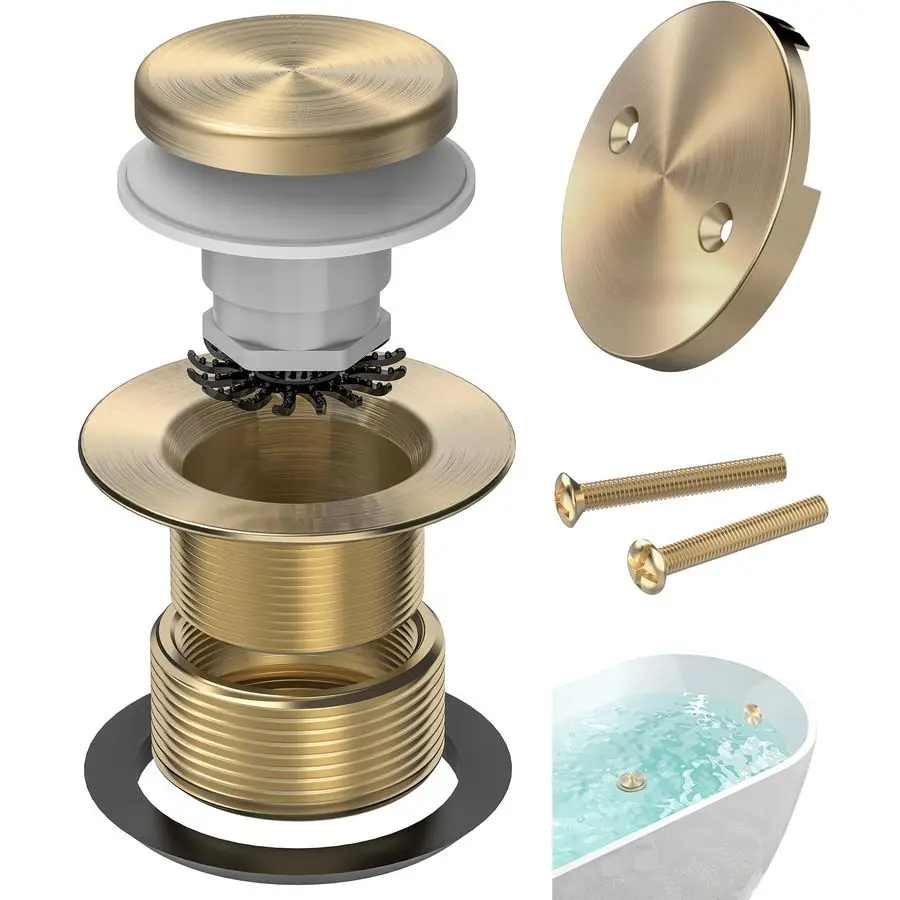 Gold Tub Drain Kit with Hair Catcher, Premium Brass TipToe Bathroom Tub Drain Replacement and 2Hole Overflow Faceplate, 11.5 16
Gold Tub Drain Kit with Hair Catcher, Premium Brass TipToe Bathroom Tub Drain Replacement and 2Hole Overflow Faceplate, 11.5 16