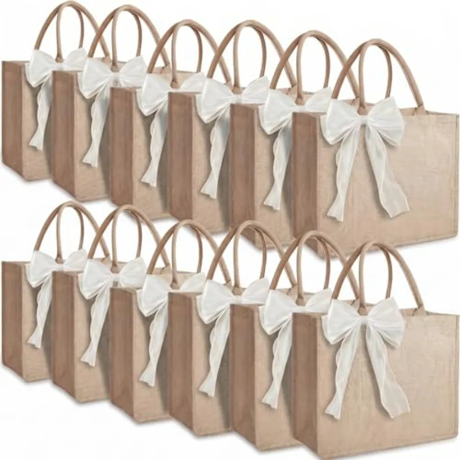 12 Pack Burlap Jute Tote Bags with Handles, 15 x 6 x 12 Inch Waterproof PE Lining Bridesmaid Bags with Organza Bow, Bulk Reusab
12 Pack Burlap Jute Tote Bags with Handles, 15 x 6 x 12 Inch Waterproof PE Lining Bridesmaid Bags with Organza Bow, Bulk Reusab