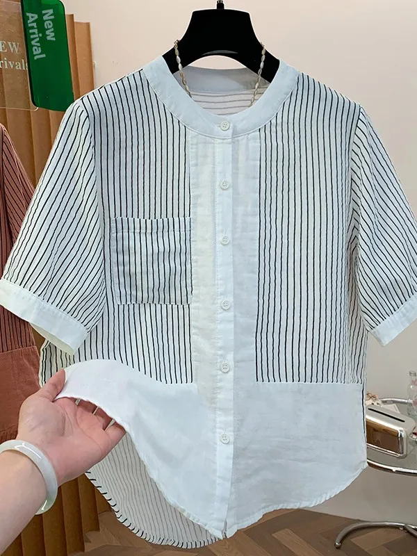 Summer Stripe Patchwork Single Pocket Loose Fit Irregular Short Sleeve Stand Collar Women's plus Size Shirt Casual Open Cardi...
Summer Stripe Patchwork Single Pocket Loose Fit Irregular Short Sleeve Stand Collar Women's plus Size Shirt Casual Open Cardi...