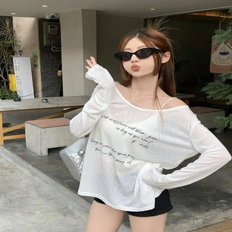 Женская футболка с открытыми плечами и длинным рукавом Lazy Print, весенняя, свободного кроя, повседневная, облегающая, универсальная, легкая, с защитой от солнца
Женская футболка с открытыми плечами и длинным рукавом Lazy Print, весенняя, свободного кроя, повседневная, облегающая, универсальная, легкая, с защитой от солнца