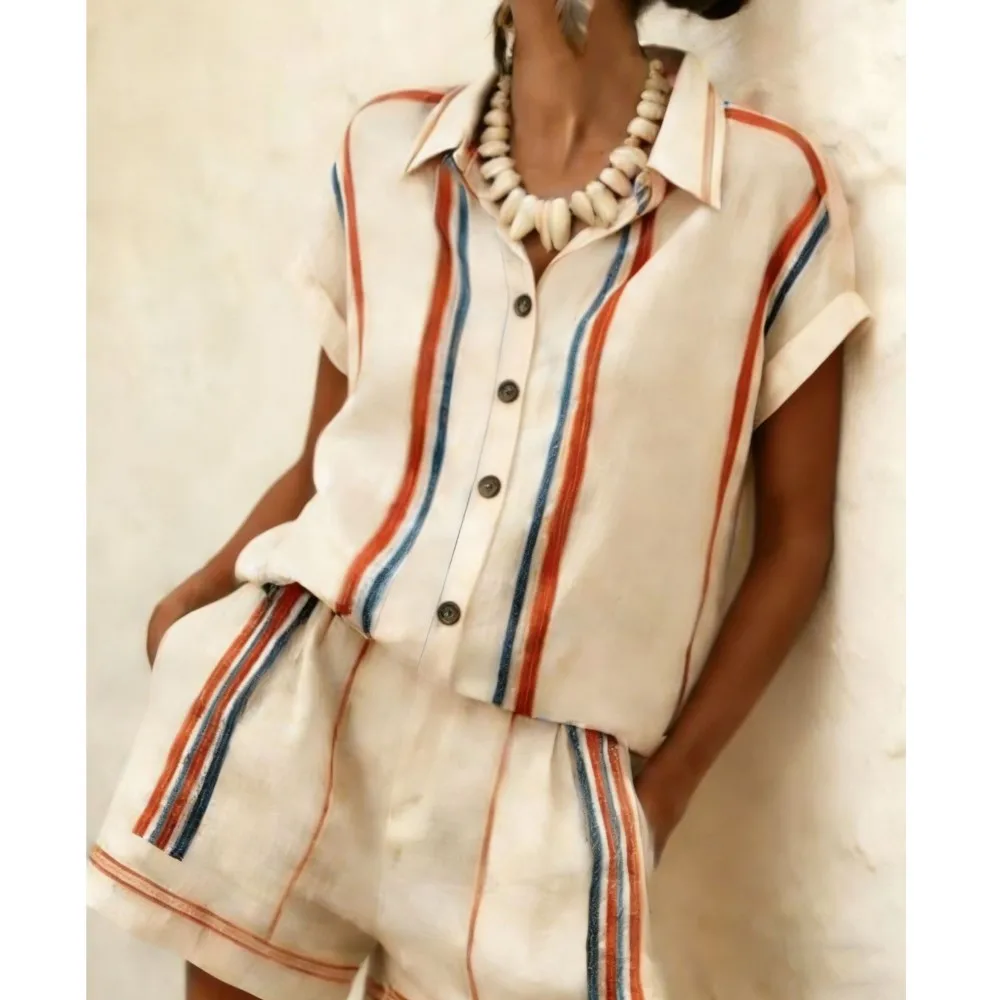 Striped Contrasting Printed Short-sleeved Shirts Shorts 2-piece Set Summer New Women's Single-breasted Short Suit With Pockets
Striped Contrasting Printed Short-sleeved Shirts Shorts 2-piece Set Summer New Women's Single-breasted Short Suit With Pockets