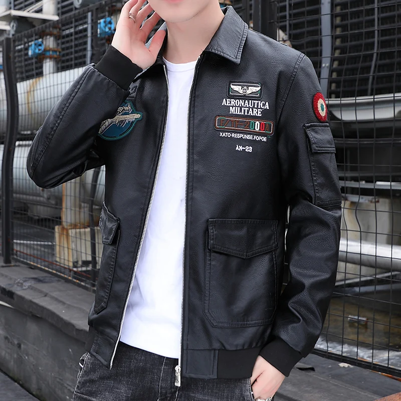 Embroidered Print Handsome Leather Coat Men's Spring and Autumn Business Casual Young Men's Leather Jacket Lapel Fashion Coat
Embroidered Print Handsome Leather Coat Men's Spring and Autumn Business Casual Young Men's Leather Jacket Lapel Fashion Coat
