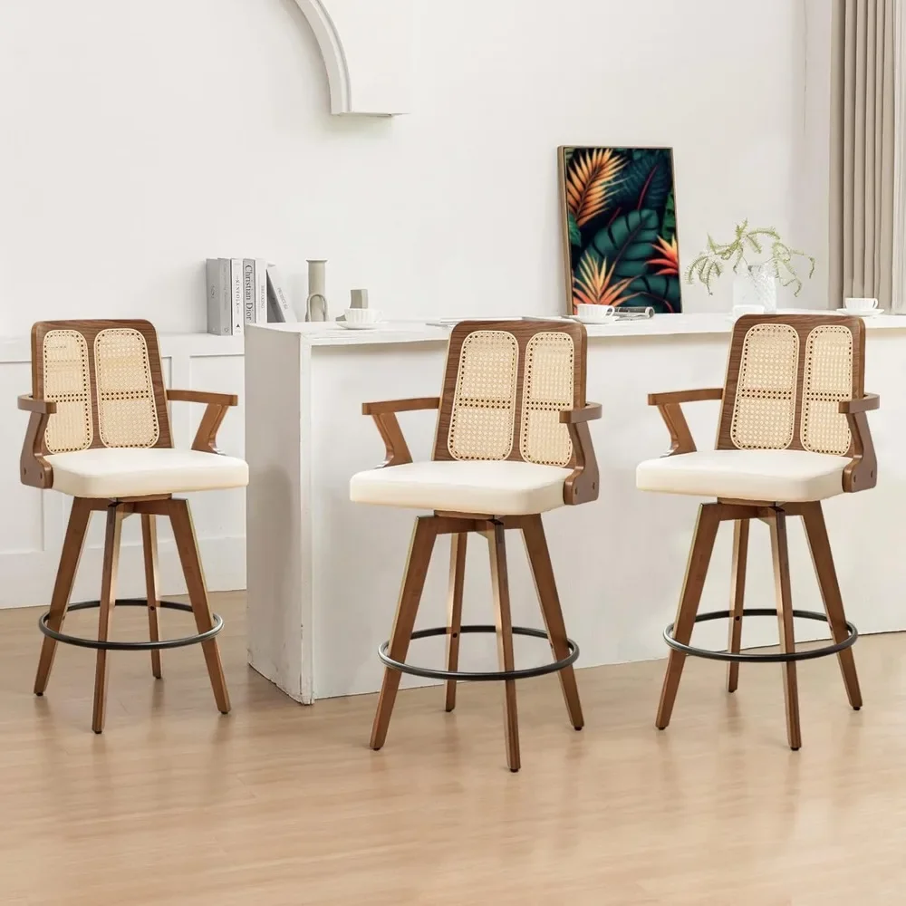 Set of 3 Mid Century Counter Stools - 27 inch Rattan Swivel Counter stools with Curved Back, Walnut Crafts, Upholstered Faux
Set of 3 Mid Century Counter Stools - 27 inch Rattan Swivel Counter stools with Curved Back, Walnut Crafts, Upholstered Faux