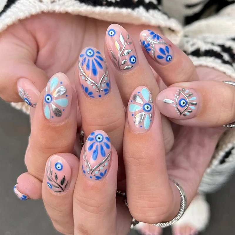 24pcs Blue Porcelain Press-On Nails - Mystic Eye & Silver Leaf Motifs Short Almond Oriental Chic Style
24pcs Blue Porcelain Press-On Nails - Mystic Eye & Silver Leaf Motifs Short Almond Oriental Chic Style