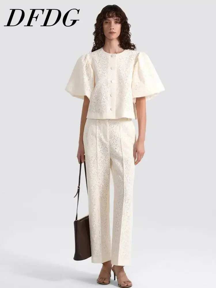 DFDG Women 2026 Spring Summer Lace Two Piece Outfit Puff Sleeve Cropped Blouse High Waist Straight Leg Pants Elegant Casual Set
DFDG Women 2026 Spring Summer Lace Two Piece Outfit Puff Sleeve Cropped Blouse High Waist Straight Leg Pants Elegant Casual Set