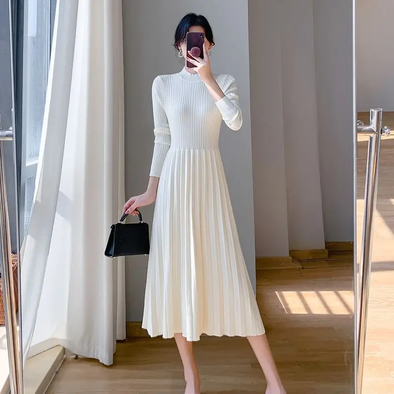 Basic Half High Collar Midi Dress Female Clothing Solid Color Autumn Winter Spliced Chic Pleated Casual A-Line Knitted Dresses
Basic Half High Collar Midi Dress Female Clothing Solid Color Autumn Winter Spliced Chic Pleated Casual A-Line Knitted Dresses