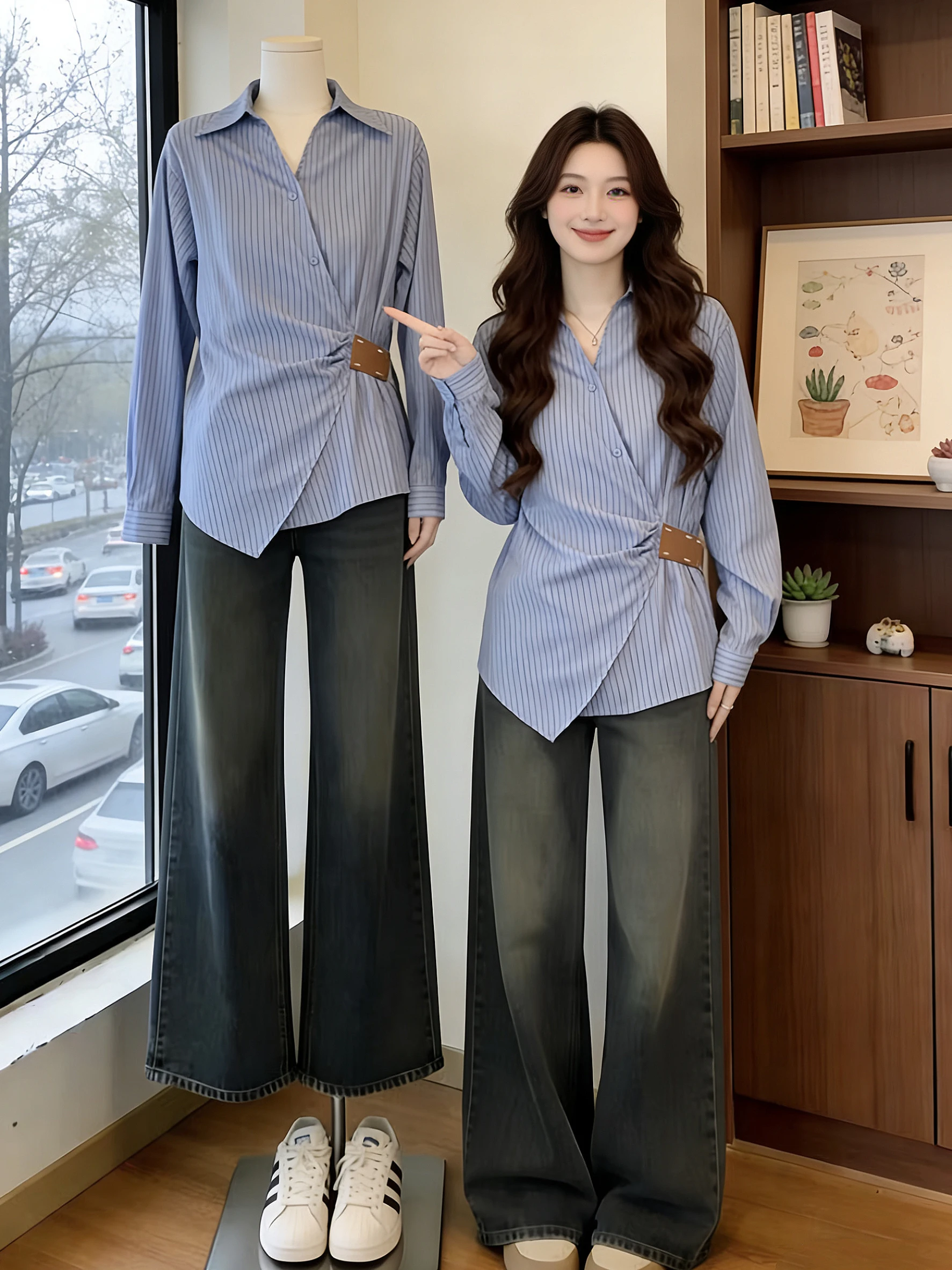 Elegant Light Blue Striped V-Neck Shoulder Shirt Women's plus Size Slimming Top Korean Style Commute Wind Loose Fit Long Sleeve
Elegant Light Blue Striped V-Neck Shoulder Shirt Women's plus Size Slimming Top Korean Style Commute Wind Loose Fit Long Sleeve