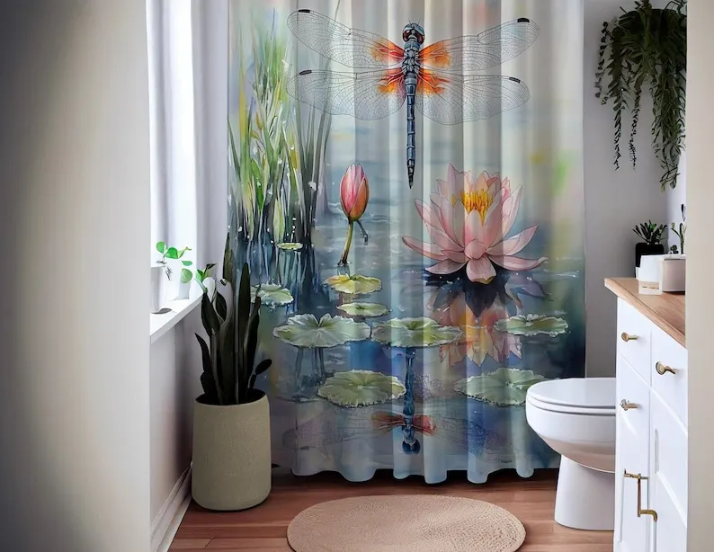 Dragonfly and Lotus Bath Curtain - Nature Bathroom Decor - Waterproof Fabric Shower Curtain - Tranquil Pond-Inspired Design
Dragonfly and Lotus Bath Curtain - Nature Bathroom Decor - Waterproof Fabric Shower Curtain - Tranquil Pond-Inspired Design