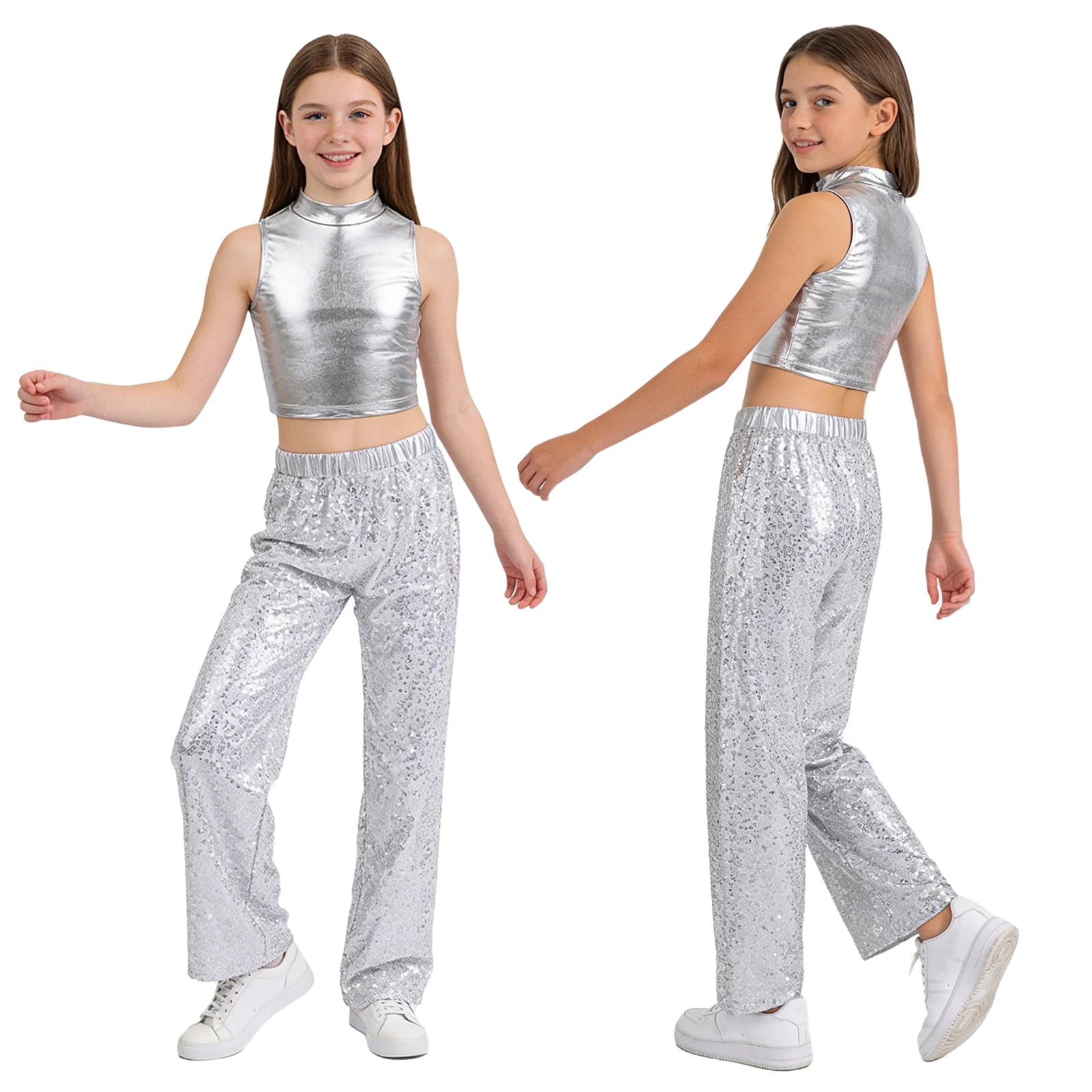 Kids Girls Jazz Dance Sets Stage Performance Dance Outfits Sleeveless Mock Neck Metallic Crop Top with Glistening Sequin Pants
Kids Girls Jazz Dance Sets Stage Performance Dance Outfits Sleeveless Mock Neck Metallic Crop Top with Glistening Sequin Pants