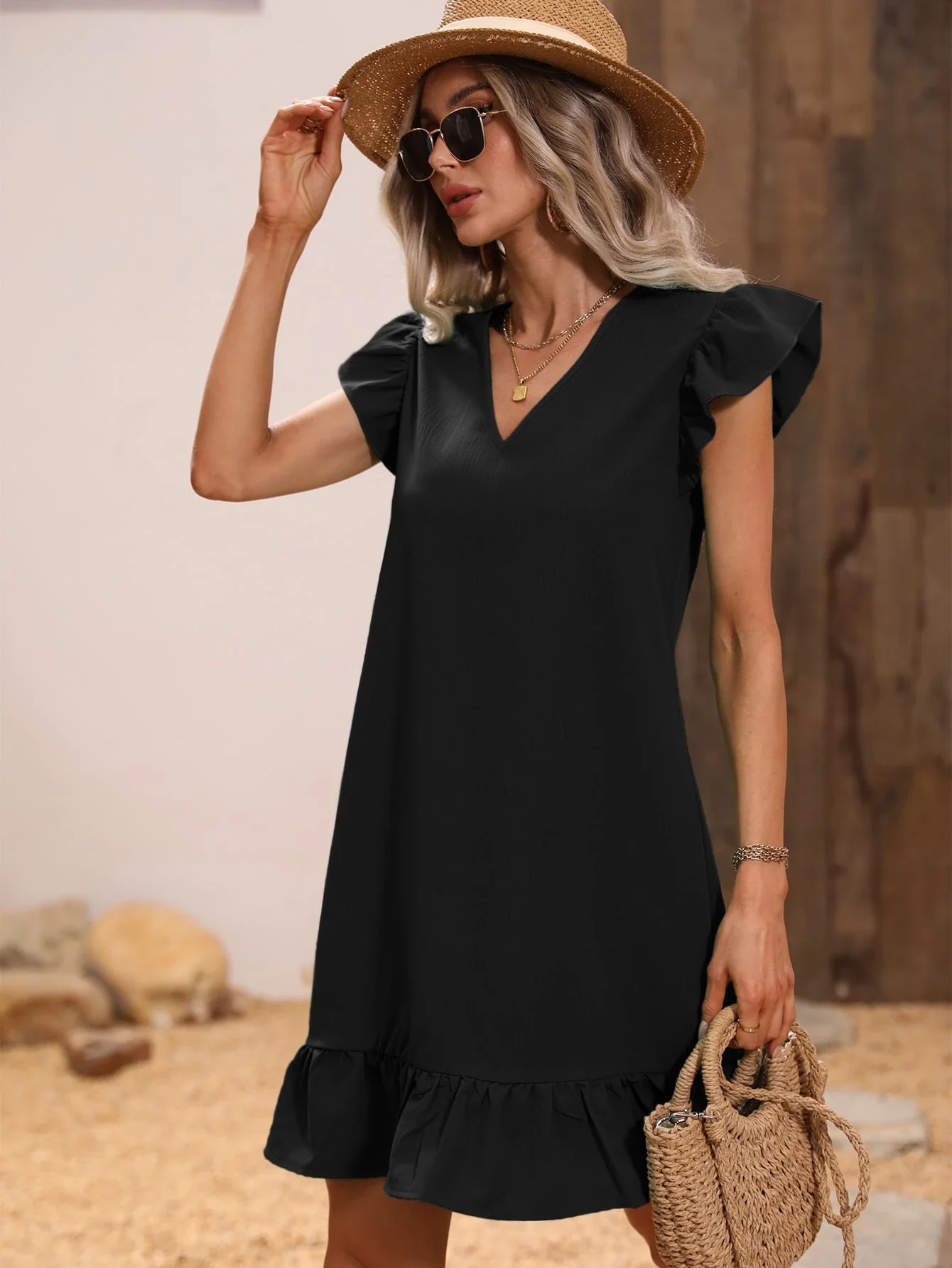 V Neck Ruffle Trim Smock Dress For Women
V Neck Ruffle Trim Smock Dress For Women