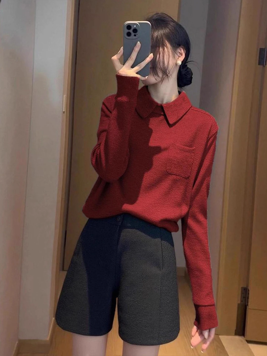 Commute Sle Long Sve Knitted irt Women's Base Layer Top Red Spring Autumn Flip Collar Knitwear Korean Version Regular Fit
Commute Sle Long Sve Knitted irt Women's Base Layer Top Red Spring Autumn Flip Collar Knitwear Korean Version Regular Fit