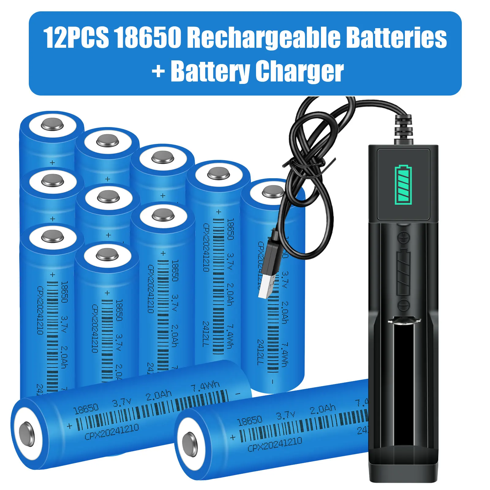 12PCS Button Top 18650 Battery And Charger, 2000mAh 3.7V Rechargeable Li-ion Batteries for Flashlight
12PCS Button Top 18650 Battery And Charger, 2000mAh 3.7V Rechargeable Li-ion Batteries for Flashlight