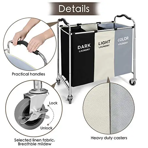Heavy-Duty 3-Compartment Laundry Cart With Lockable Wheels And Linen Fabric Bags For Sorting Dark, Light, Color Loads
Heavy-Duty 3-Compartment Laundry Cart With Lockable Wheels And Linen Fabric Bags For Sorting Dark, Light, Color Loads