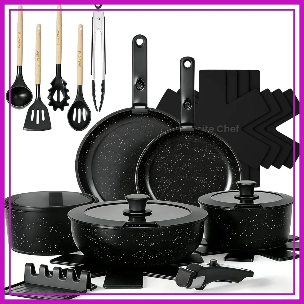 21Pcs Nonstick Pots and Pans Set with Detachable Handle, Induction RV Cookware, Space Saving, Dishwasher & Oven Safe
21Pcs Nonstick Pots and Pans Set with Detachable Handle, Induction RV Cookware, Space Saving, Dishwasher & Oven Safe