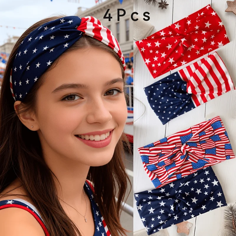 4pcs Set Flag Knotted Headbands Wide Elastic Sports Turbans Unisex Non-slip Sweat-absorbing Hair Wraps for 4th of July Parties
4pcs Set Flag Knotted Headbands Wide Elastic Sports Turbans Unisex Non-slip Sweat-absorbing Hair Wraps for 4th of July Parties