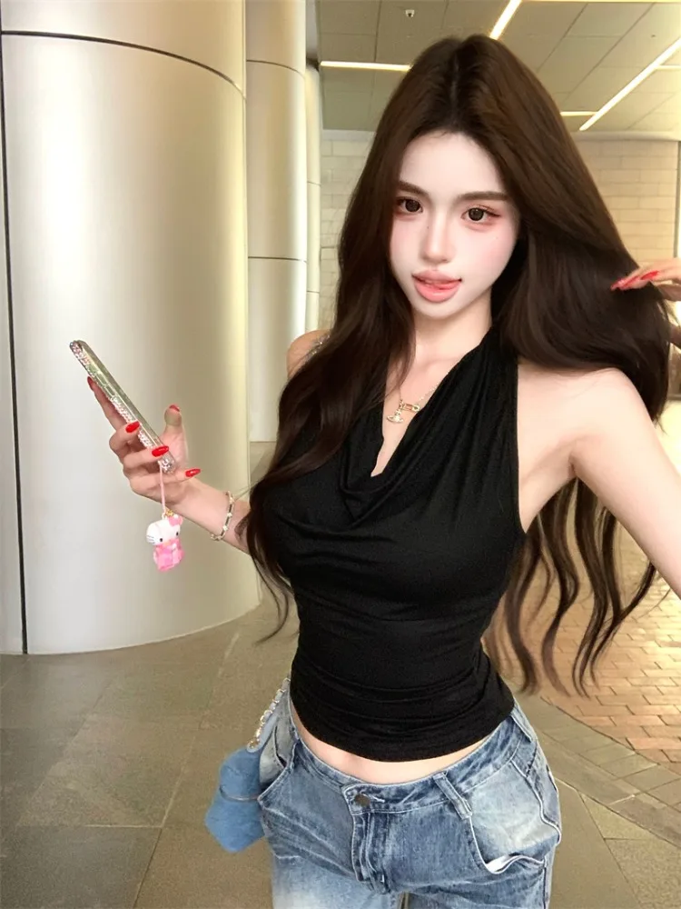 Black Backless Strap Vest Women Summer Open Neck Sexy Back Inner Wear Tight Top Outerwear Korean Style Knitted mid Waist
Black Backless Strap Vest Women Summer Open Neck Sexy Back Inner Wear Tight Top Outerwear Korean Style Knitted mid Waist