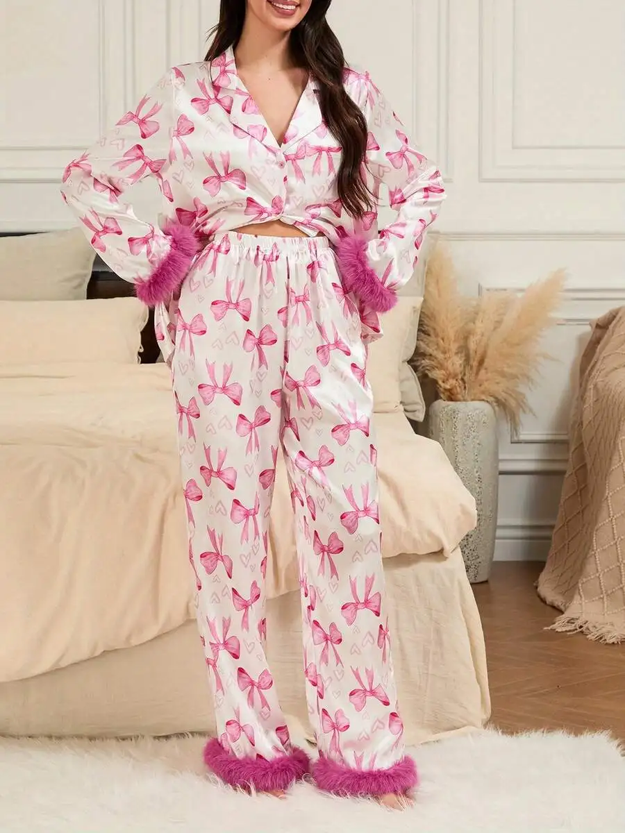 Women Valentine Pajamas Set Bow Print Silk Satin Long Sleeve Shirt Pants With Fuzzy Trim
Women Valentine Pajamas Set Bow Print Silk Satin Long Sleeve Shirt Pants With Fuzzy Trim