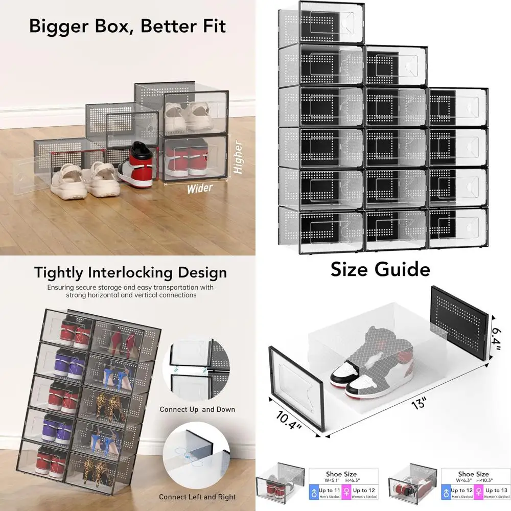 Clear Plastic Stackable Shoe Organizer - 15 Pack, Interlocking Shoe Boxes with Lids for Closet Storage, Black
Clear Plastic Stackable Shoe Organizer - 15 Pack, Interlocking Shoe Boxes with Lids for Closet Storage, Black