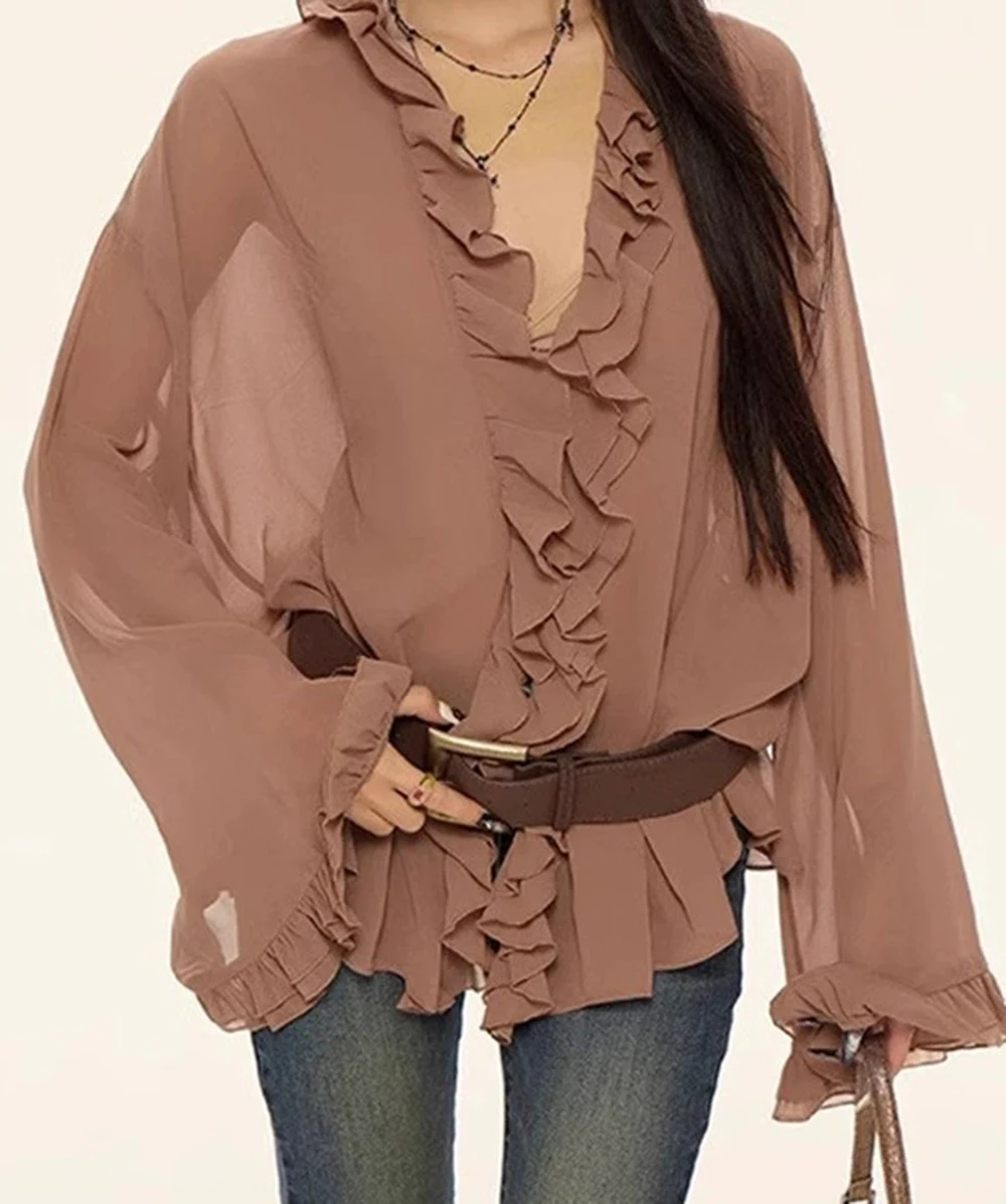 French style tops 2025 autumn new ruffled loose slim waist belt sexy elegant shirt-GZXX949
French style tops 2025 autumn new ruffled loose slim waist belt sexy elegant shirt-GZXX949