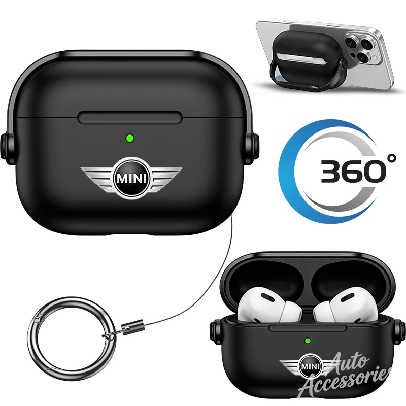 Bluetooth Earphone Case For AirPods Pro 1/2/3/4 With 360° Rotating Bracket Keychain For Mini Cooper One JCW F55 F56 F60 R50 R60