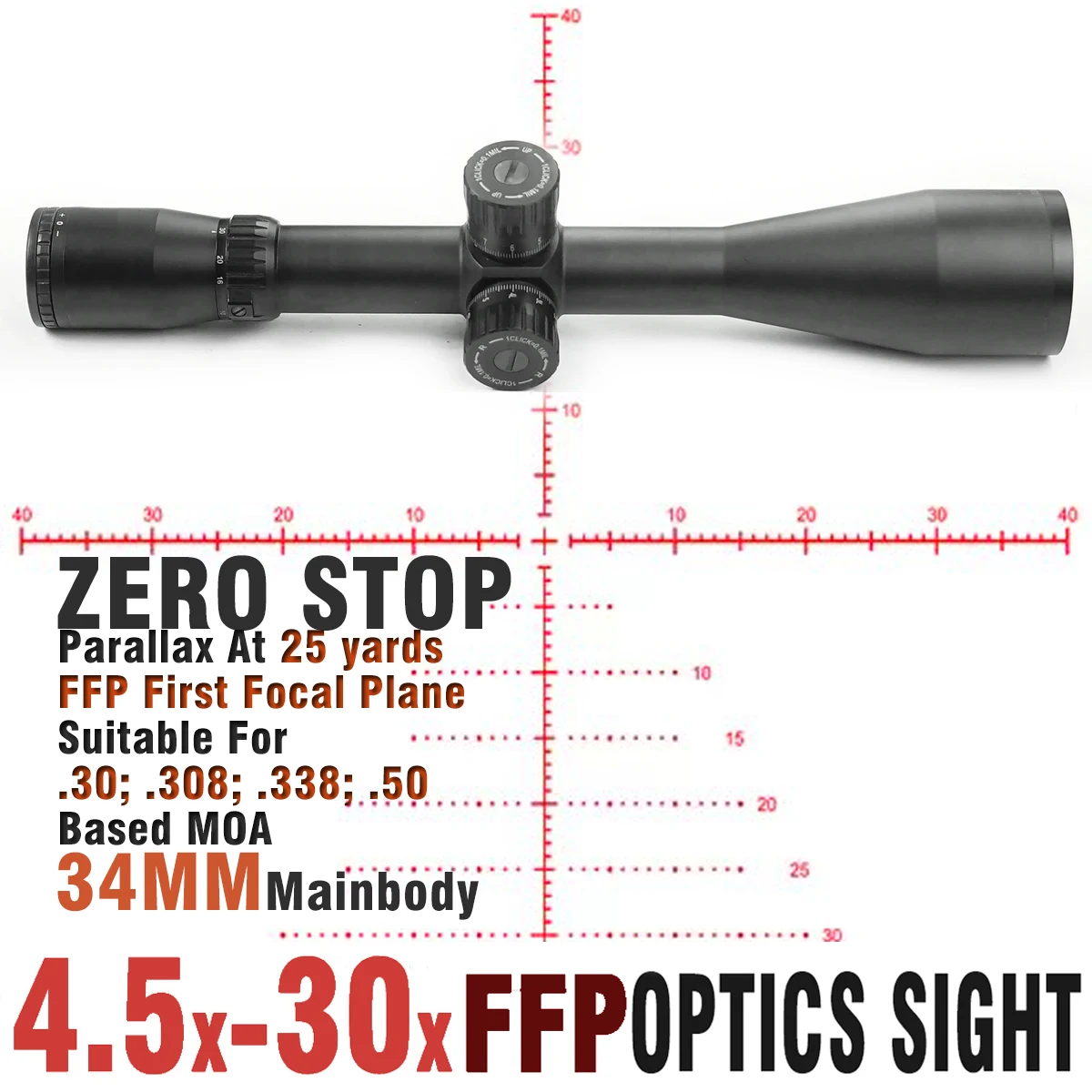 First Focal Plane Riflescope FFP, Long Range, 34mm Scope Ring, Hunting, Zero Stop, MOA Reticle 4.5-30
First Focal Plane Riflescope FFP, Long Range, 34mm Scope Ring, Hunting, Zero Stop, MOA Reticle 4.5-30