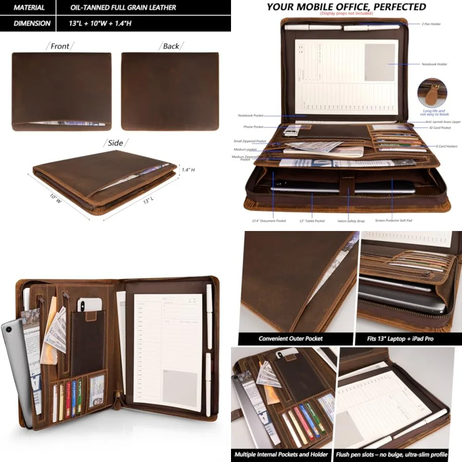 Full Grain Leather Portfolio with Zipper, Professional Business Organizer for Men Women, Executive Resume Folder with A4 Notepa
Full Grain Leather Portfolio with Zipper, Professional Business Organizer for Men Women, Executive Resume Folder with A4 Notepa