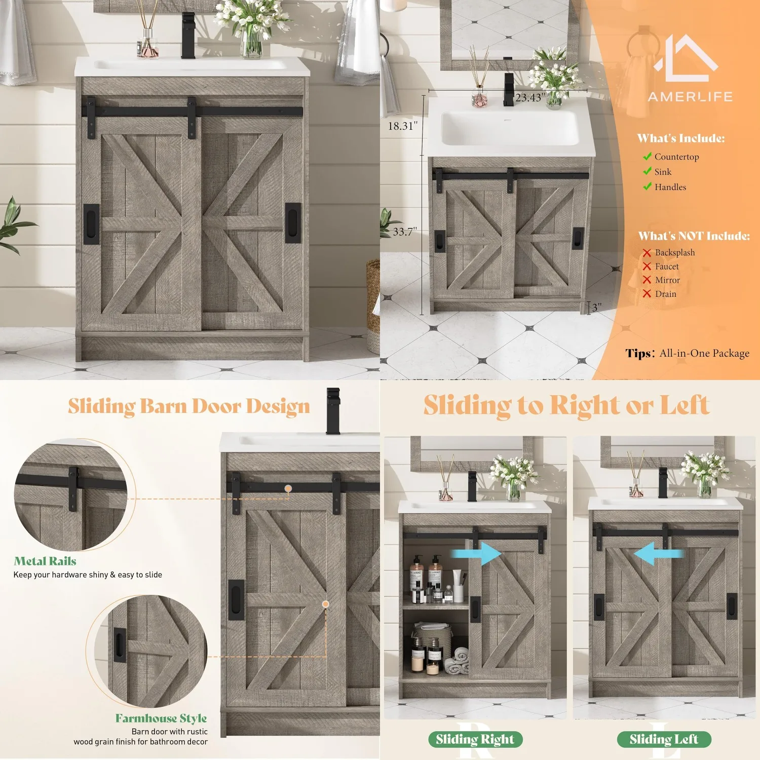 24'' Farmhouse Bathroom Vanity Sink Freestanding Small Cabinet Sliding Barn Door U-Shape Storage Shelf Light Grey, Customized
24'' Farmhouse Bathroom Vanity Sink Freestanding Small Cabinet Sliding Barn Door U-Shape Storage Shelf Light Grey, Customized