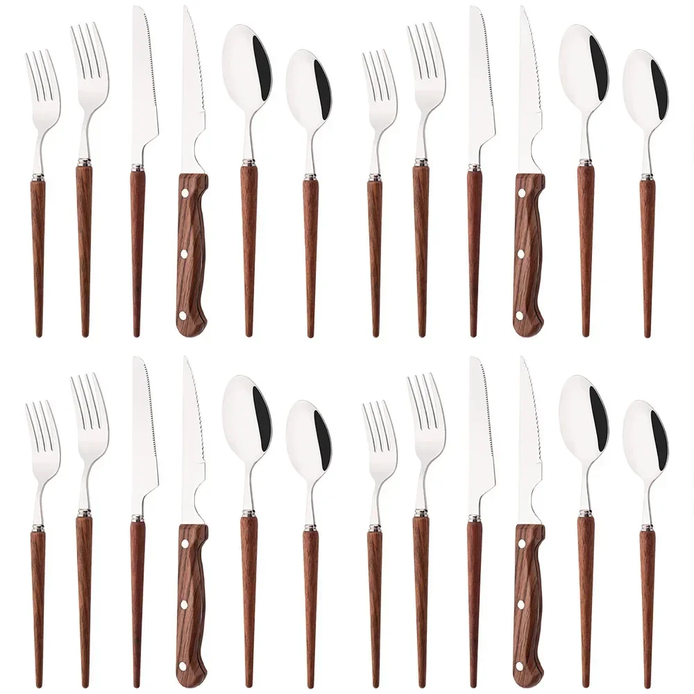 Brown Silver Stainless Steel 24Pcs Wooden Handle Cutlery Set Dinnerware Western Tableware Steak Knife Fork Tea Spoon Silverware
Brown Silver Stainless Steel 24Pcs Wooden Handle Cutlery Set Dinnerware Western Tableware Steak Knife Fork Tea Spoon Silverware