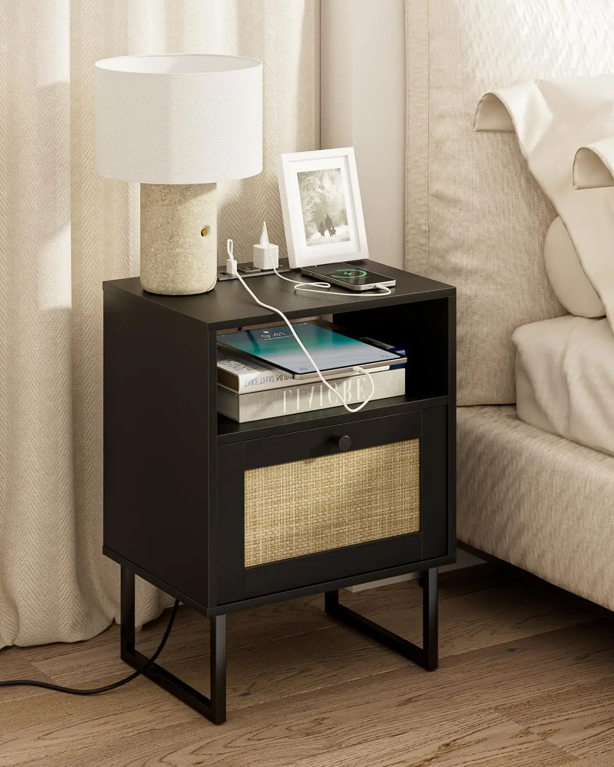 Rattan Nightstand With Charging Station,Modern Boho Farmhouse Wood Bedside Table With Storage Drawer And Open Shelf,Small Bla
Rattan Nightstand With Charging Station,Modern Boho Farmhouse Wood Bedside Table With Storage Drawer And Open Shelf,Small Bla