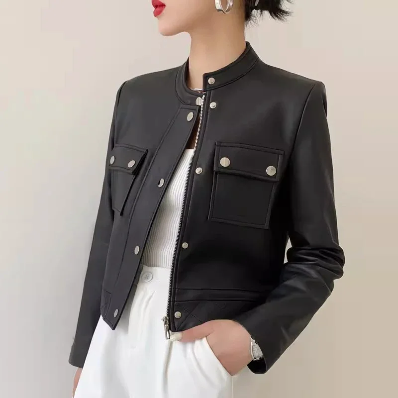 Slim Short Genuine Leather Motorcycle Jackets for Women Spring Autumn High-end Simple Stand Collar Black Real Sheepskin Coat
Slim Short Genuine Leather Motorcycle Jackets for Women Spring Autumn High-end Simple Stand Collar Black Real Sheepskin Coat