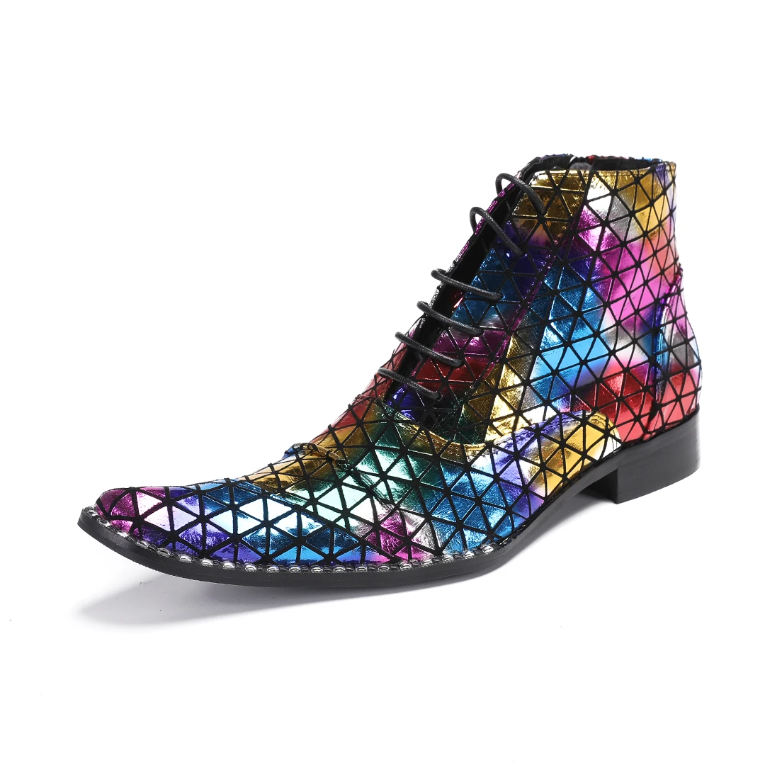 Stage performance men's leather boots spring and autumn new low heeled singer model colorful pointed leather cat walking shoes
Stage performance men's leather boots spring and autumn new low heeled singer model colorful pointed leather cat walking shoes