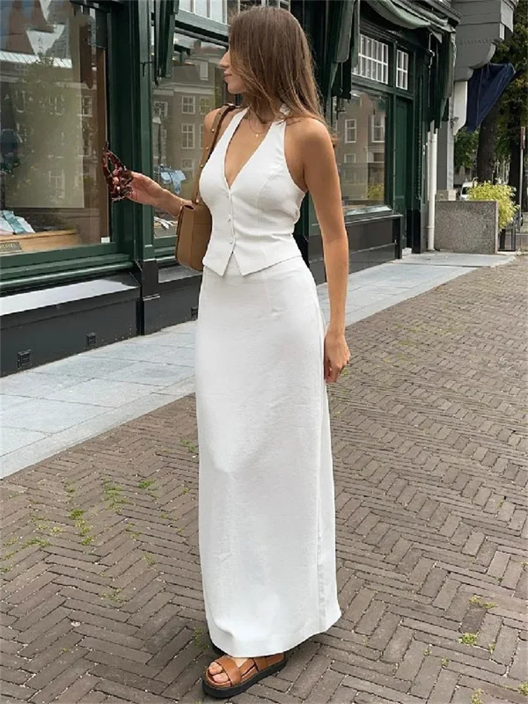 White Fashion 2 Piece-Set Long Skirt For Women Lace-Up Backless V-Neck Tank Top And Slim High Waist Maxi Skirt Outfits New
White Fashion 2 Piece-Set Long Skirt For Women Lace-Up Backless V-Neck Tank Top And Slim High Waist Maxi Skirt Outfits New
