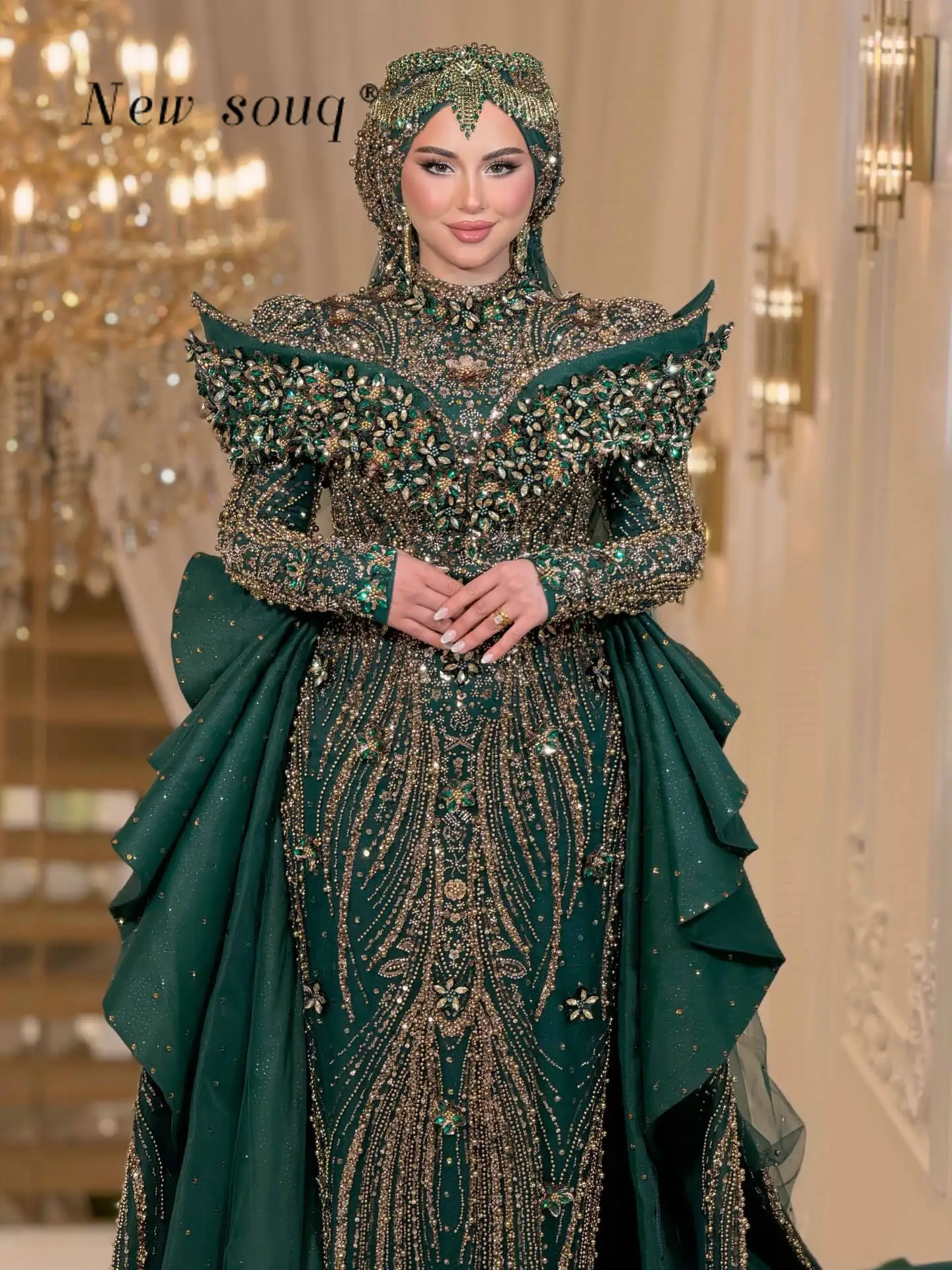 Green Luxury Glitter Crystals Beaded Muslim Brides Wedding Prom Dresses with Detachable Train Customized Evening Events Gowns
Green Luxury Glitter Crystals Beaded Muslim Brides Wedding Prom Dresses with Detachable Train Customized Evening Events Gowns