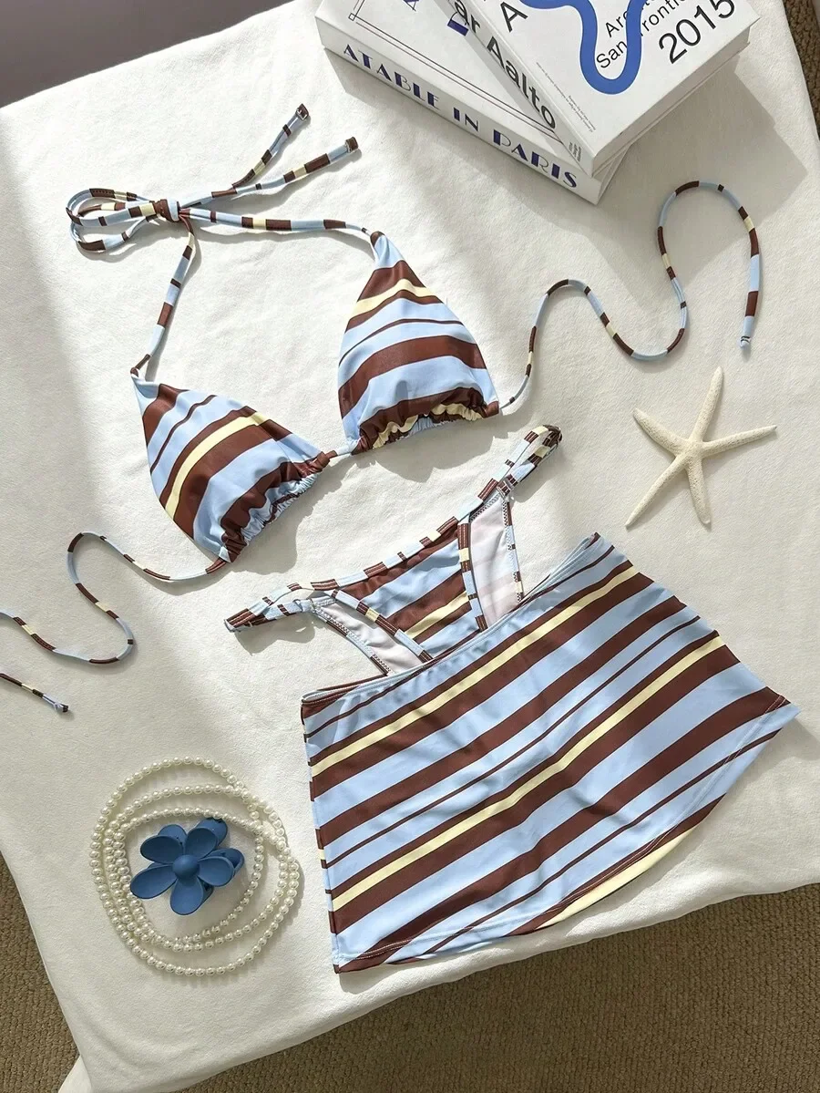 3pcs Women Striped Bikini Set With Skirt Cover Up Blue Brown Yellow
3pcs Women Striped Bikini Set With Skirt Cover Up Blue Brown Yellow