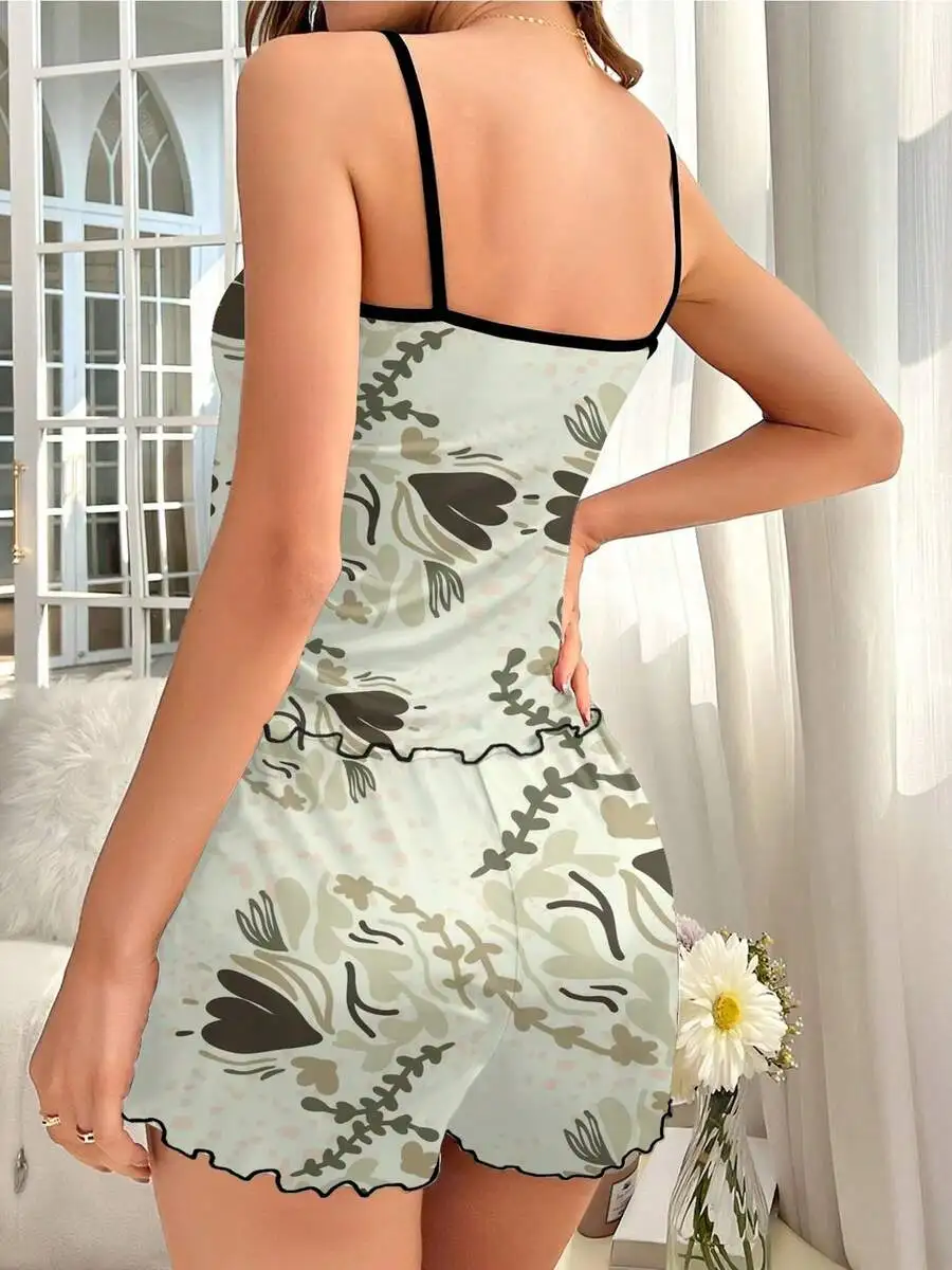 Soft Pastel Abstract Floral Two-Piece Pajama Set With Black Trim, 100% Polyester Camisole And Shorts For Women
Soft Pastel Abstract Floral Two-Piece Pajama Set With Black Trim, 100% Polyester Camisole And Shorts For Women