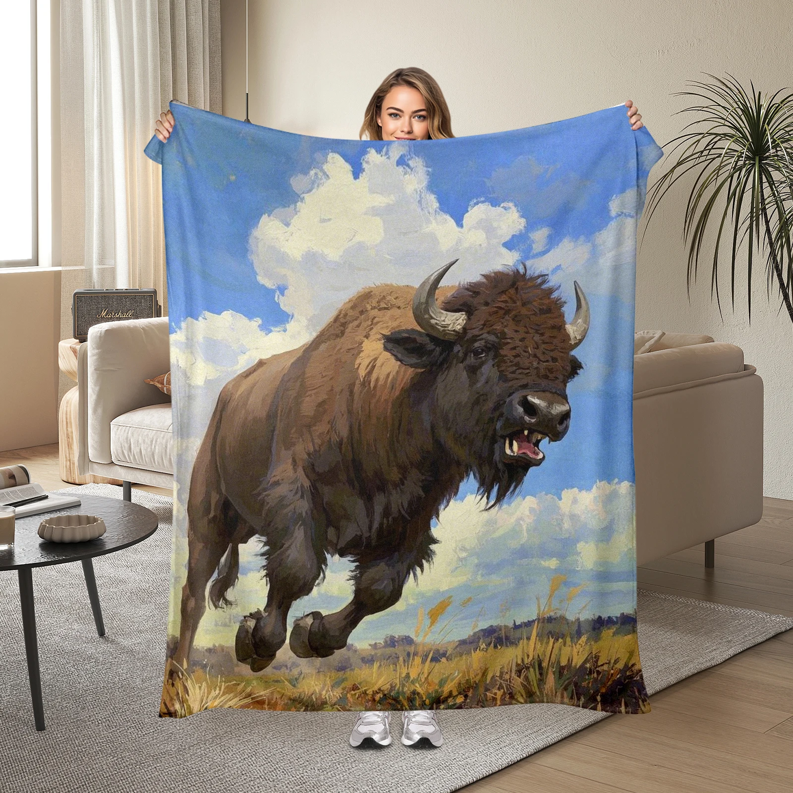 Artistic Depiction Of Realistic American Bison Running Under Blue Sky Blanket For Cozy Home Decor
Artistic Depiction Of Realistic American Bison Running Under Blue Sky Blanket For Cozy Home Decor
