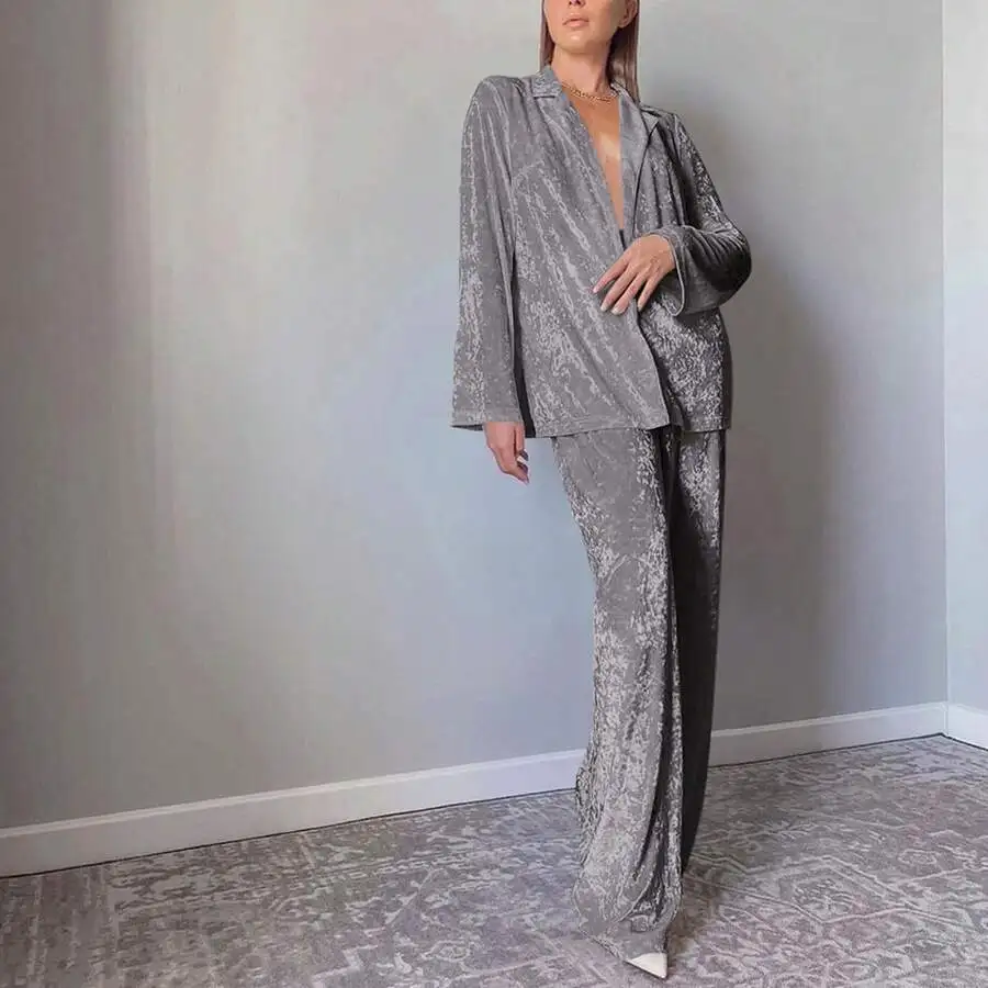 Women Crushed Velvet Blazer And Wide Leg Pants Loungewear Set Lapel Collar Elegant Sleepwear
Women Crushed Velvet Blazer And Wide Leg Pants Loungewear Set Lapel Collar Elegant Sleepwear