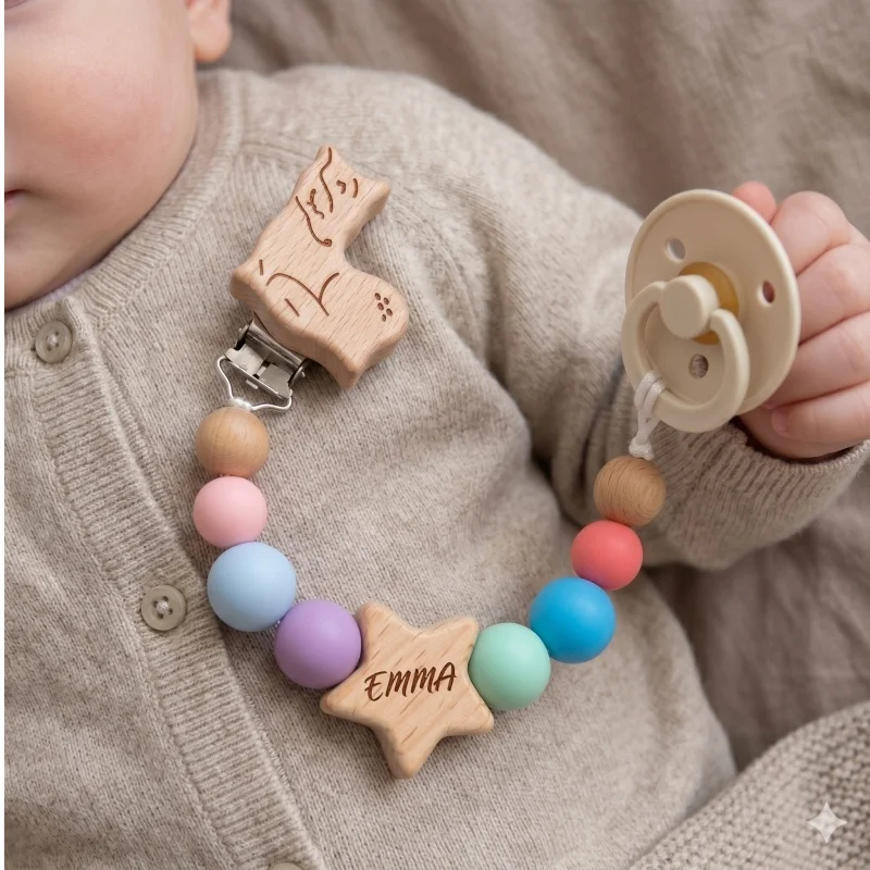Personalized Baby Pacifier Clip with Name Custom Silicone Wooden Beads Teether Chain Anti-drop Soother Holder Baby Shower Gift
Personalized Baby Pacifier Clip with Name Custom Silicone Wooden Beads Teether Chain Anti-drop Soother Holder Baby Shower Gift