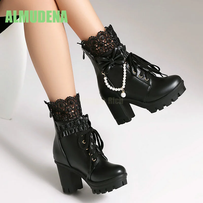 Lace Patchwork Beaded Short Boots Round Toe Thick Sole Thick Heel Fashionable Bow Tie Front Tie High Heels and Ankle Boots
Lace Patchwork Beaded Short Boots Round Toe Thick Sole Thick Heel Fashionable Bow Tie Front Tie High Heels and Ankle Boots