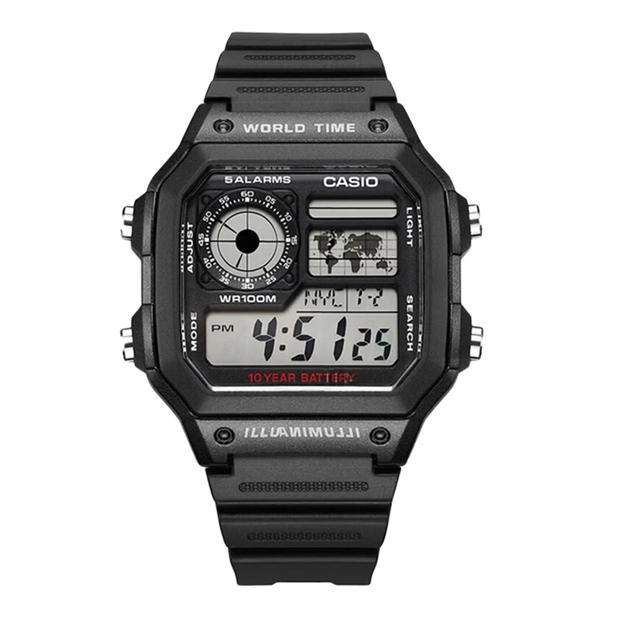 Casio AE1200WH Series | Men's Digital Watch | 100M WR | Multi Alarms | 100 SEC Stopwatch | Countdown Timer | World Map for World
Casio AE1200WH Series | Men's Digital Watch | 100M WR | Multi Alarms | 100 SEC Stopwatch | Countdown Timer | World Map for World